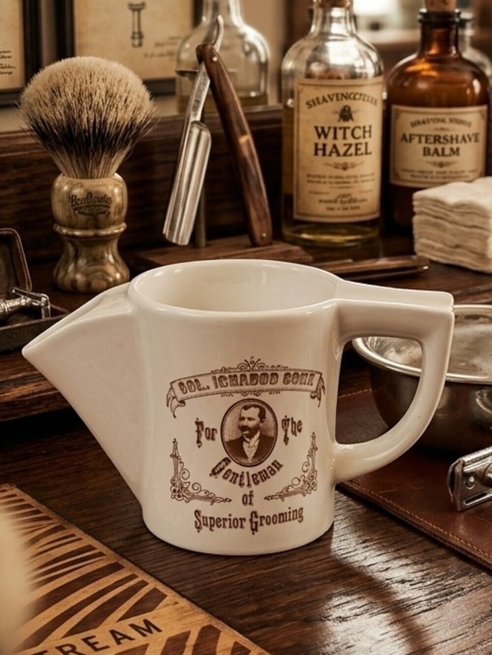 Vintage Col. Ichabod Conk White Ceramic Barber Shaving Scuttle Mug